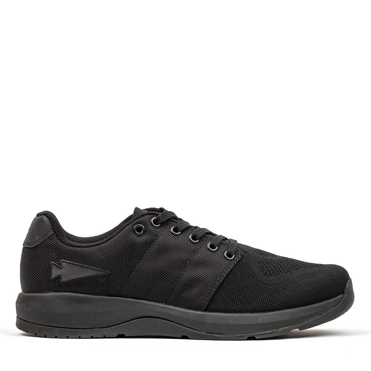 GORUCK black rucking shoe with durable mesh and arrow logo, side profile on white background