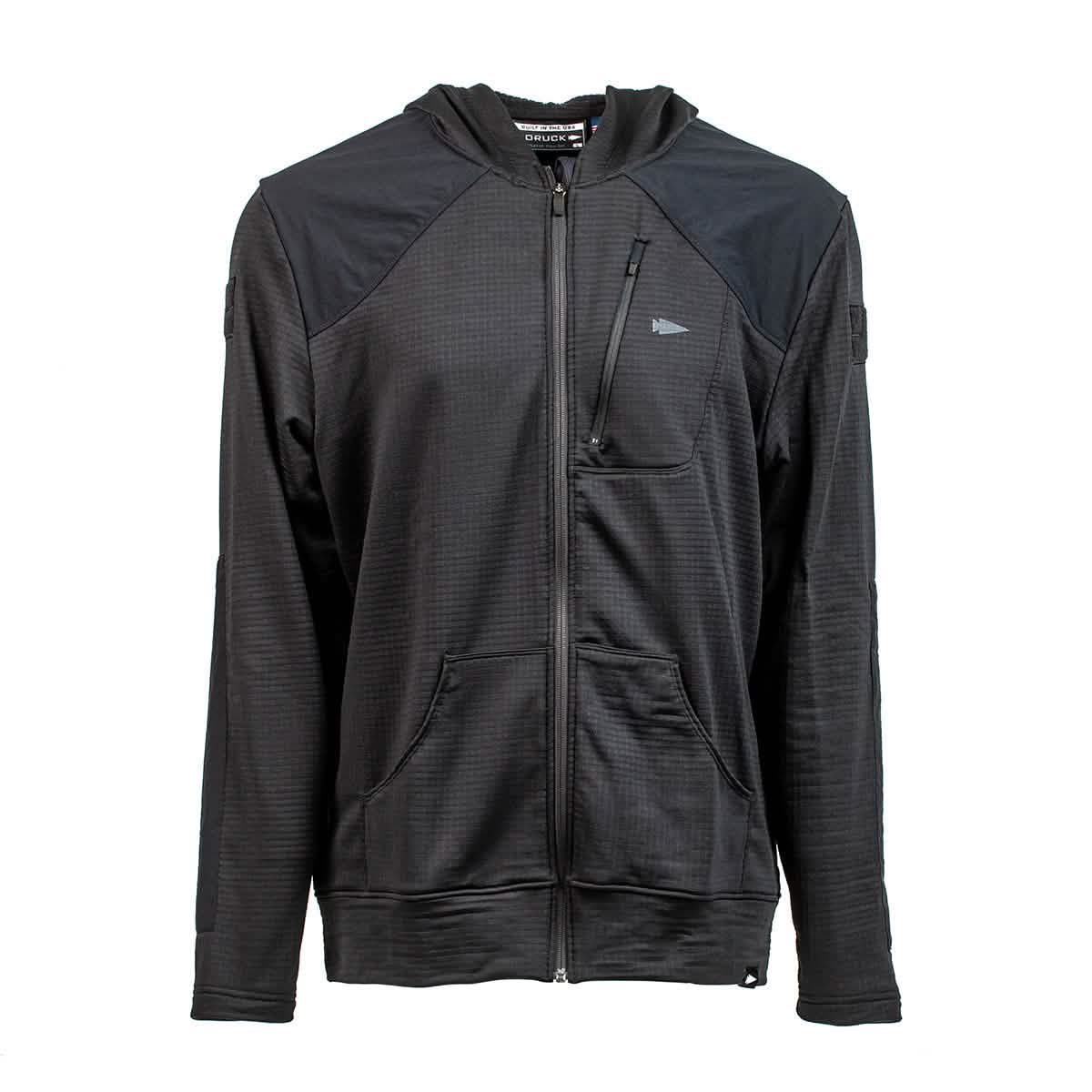 Introducing the GORUCK Men’s Full Zip - Polartec Grid Fleece, a black zip-up hoodie made from robust ToughDry Fabric featuring a unique textured pattern. This stylish jacket is equipped with a hood and has the brand's small logo on the chest. For added convenience, it is fleece-lined and includes side pockets along with a zipped pocket on the left chest.