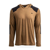 The Men’s Commando Pullover - Merino Wool is a brown long-sleeve hoodie featuring black patches on the shoulders and arms, shown on a white background.