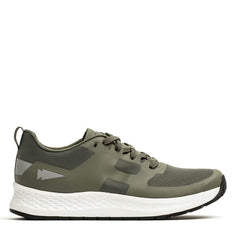 Introducing the Men's Rough Runner - Earth athletic shoe by GORUCK: a sleek green design featuring a white textured sole and black accents. This lace-up style includes reflective arrow details and is crafted with lightweight, breathable mesh fabric. The Gradient Density midsole ensures a comfortable fit for any adventure.