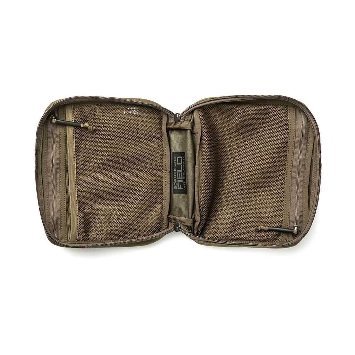 GORUCK brown field pocket pouch with dual mesh zippered compartments, open view