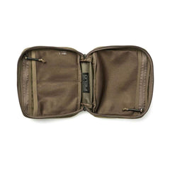 GORUCK brown field pocket pouch with dual mesh zippered compartments, open view