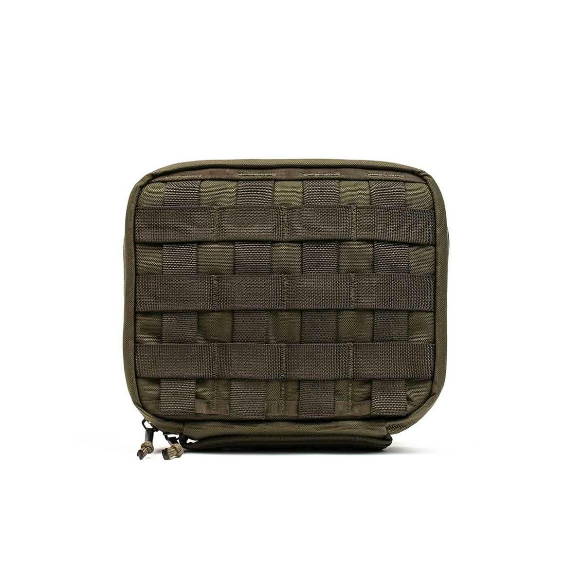 GORUCK olive green tactical field pocket pouch with MOLLE webbing, front view
