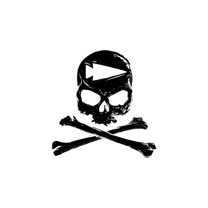 A black skull with a play button on its forehead above crossed bones, on a white background.