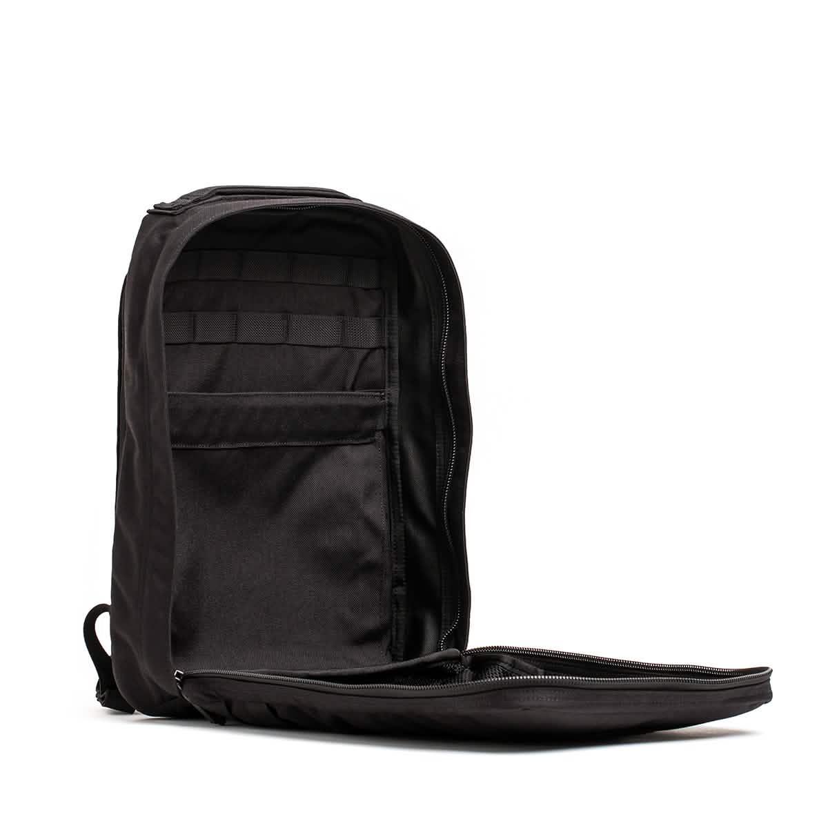 GORUCK black rucking backpack open to show spacious interior and rugged gear compartments