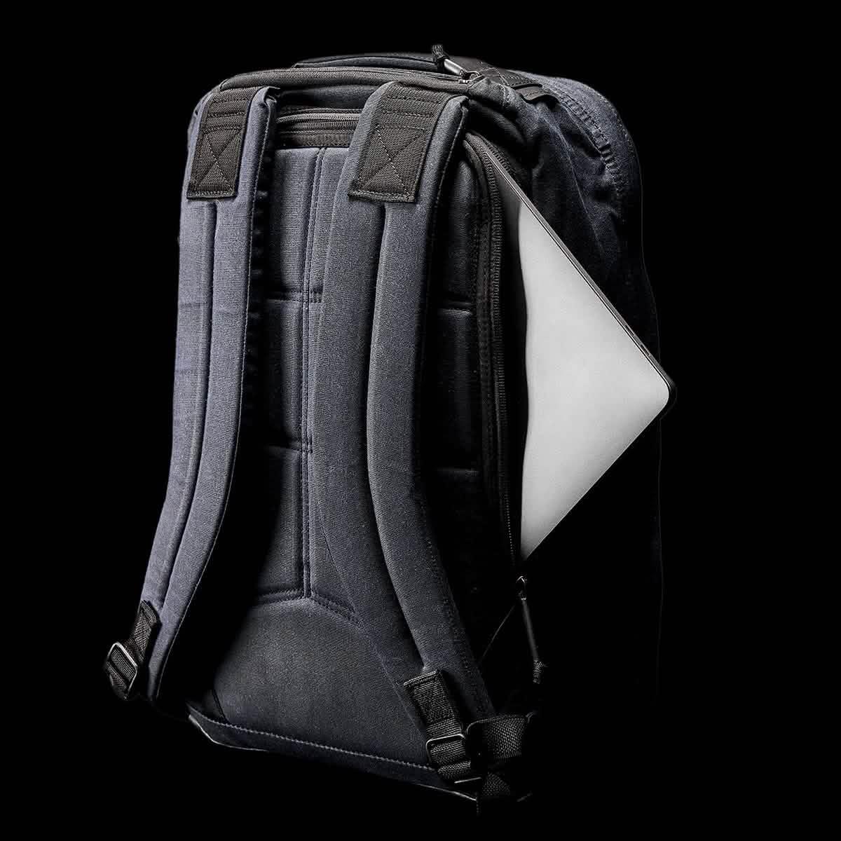 GORUCK black rucksack with padded straps and laptop compartment, shown on black background