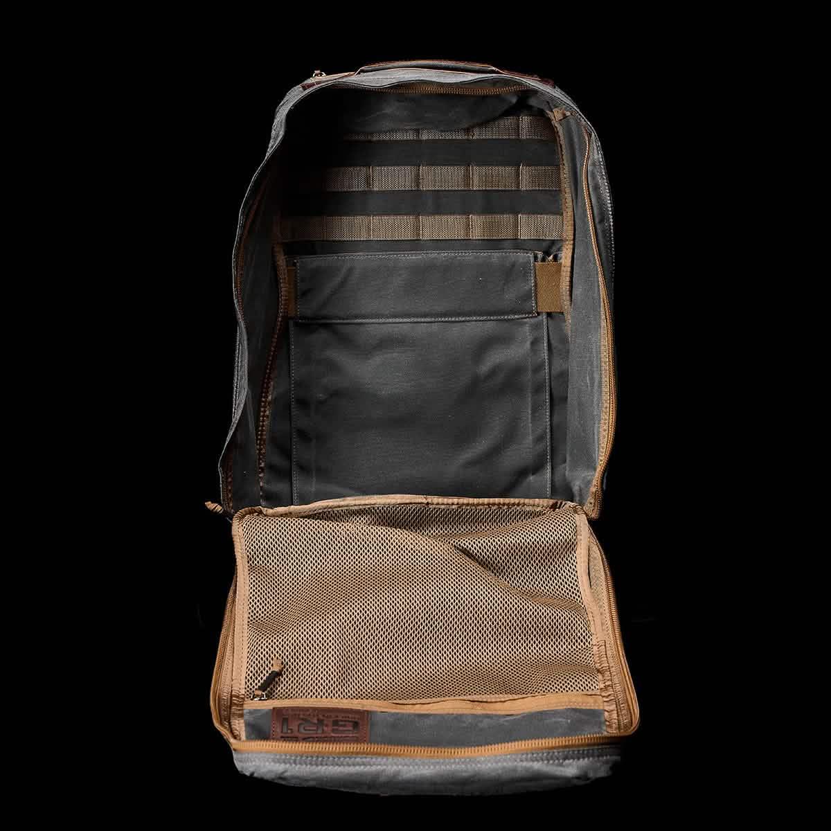 GORUCK GR1 26L rucksack open, showing spacious main compartment and mesh pocket