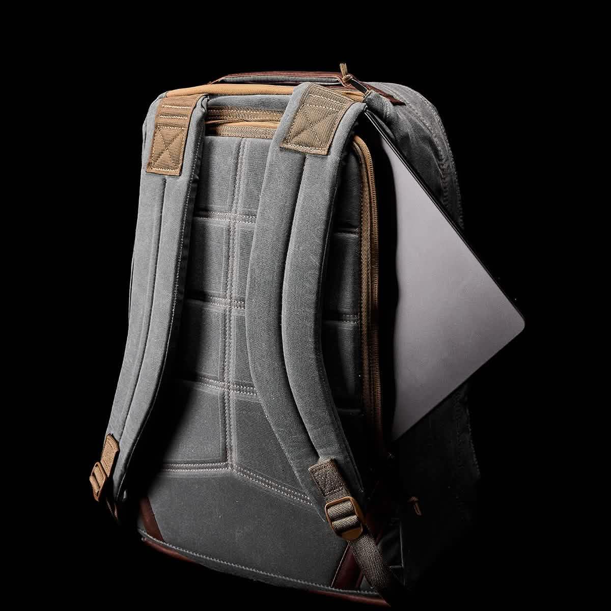 GORUCK Heritage Slate 26L backpack with padded straps and laptop compartment, black background
