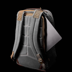 GORUCK Heritage Slate 26L backpack with padded straps and laptop compartment, black background