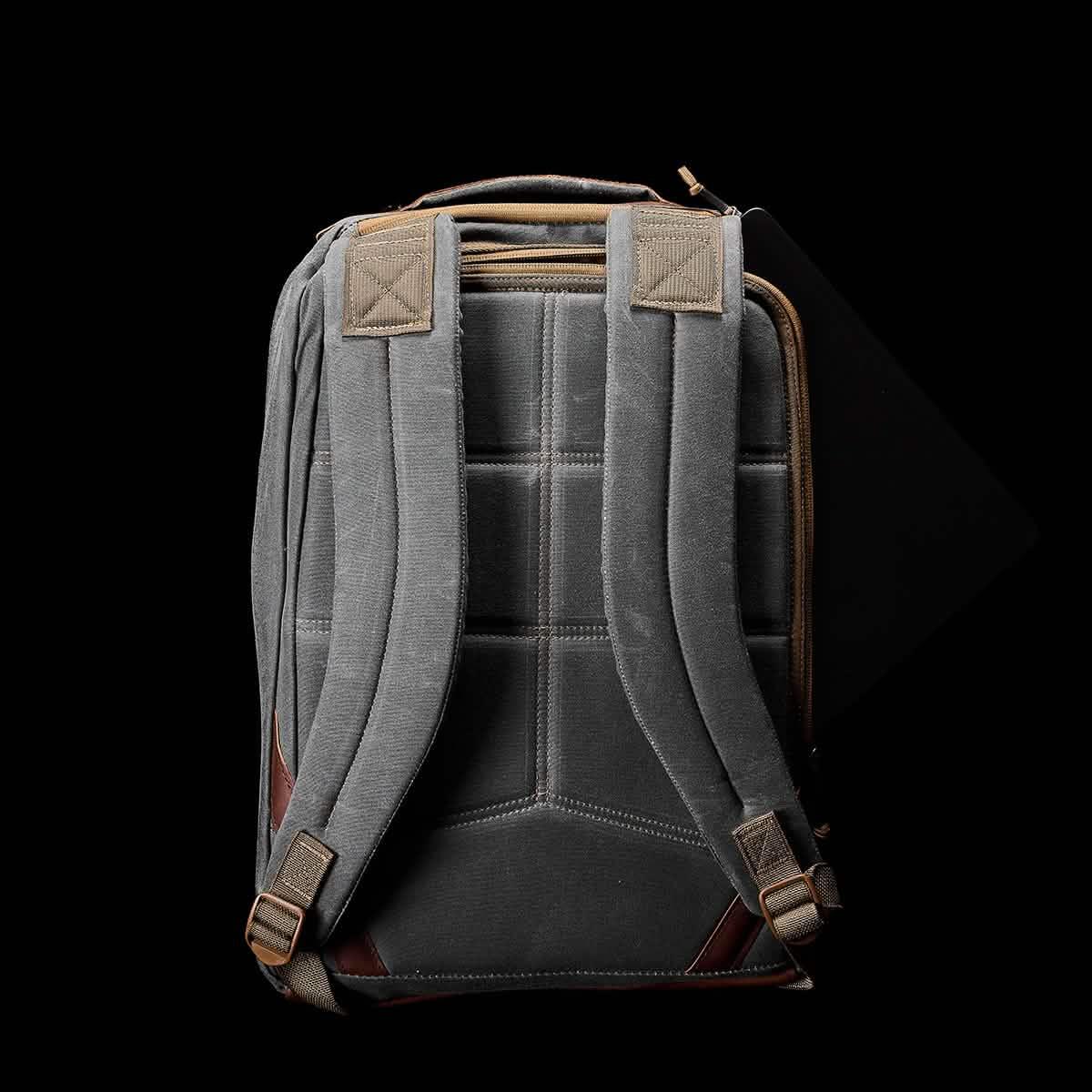 GORUCK Heritage Slate backpack with padded straps and rugged canvas on black background