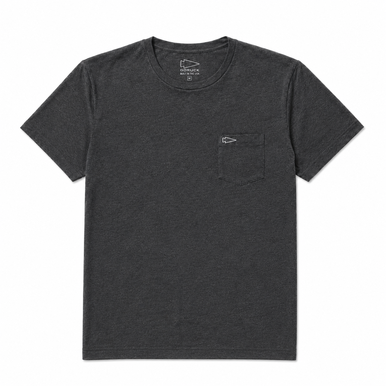 The Short Sleeve Pocket Tee - Tri-BlendX in dark gray features a small left chest pocket and is shown laid flat on a white background.