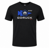 The 9/11 25th Anniversary Commemorative T-Shirt is a black limited edition tee featuring “GORUCK XXV 9/11” text, a Pentagon graphic, and a blue arrow pointing left—an ideal tribute to honor and remember the anniversary.