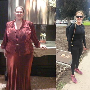 Split image shows a woman before and after weight loss; left in a red dress, right in black workout clothes.