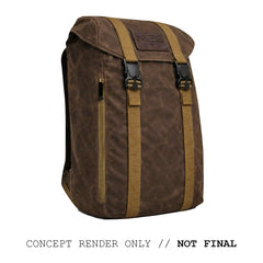 Brown backpack with tan straps and buckles, labeled "M26 PREORDER // Q4 2026 ETA." Features a bombproof laptop compartment and rugged 500D CORDURA. Text below says "CONCEPT RENDER ONLY // NOT FINAL.