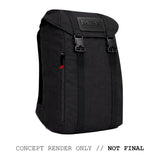 Black "M26 PREORDER // Q4 2026 ETA" backpack featuring a top flap, rugged 500D CORDURA, front zipper pocket, bold "CONCEPT RENDER ONLY // NOT FINAL" text, and a bombproof laptop compartment for extra security.