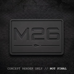 A black "M26 PREORDER // Q4 2026 ETA" badge on rugged 500D CORDURA fabric with text below: "CONCEPT RENDER ONLY // NOT FINAL".