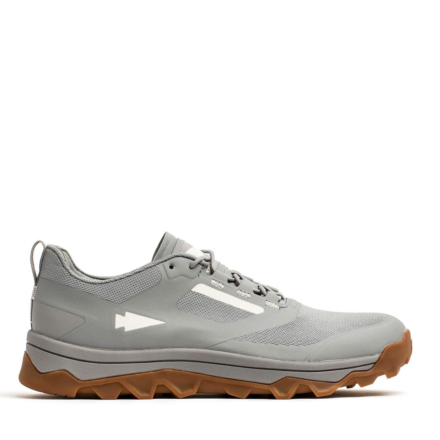 GORUCK grey rucking shoe with rugged brown sole, side view on white background