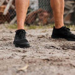 GORUCK men's Rough Runners blackout shoes on outdoor dirt trail