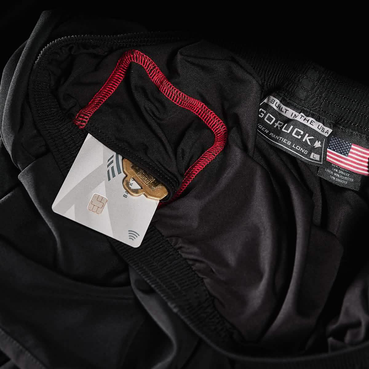 GORUCK Tougher Panties Long with interior pocket holding a card and key, black fabric detail