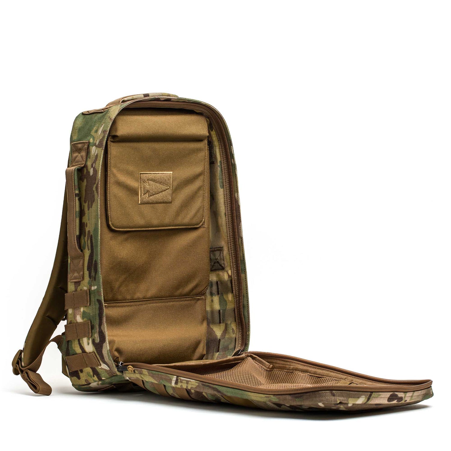 Rucker 5.0 shown open on a white background, displaying brown interior pockets and mesh compartment—perfect for rucking or daily use.