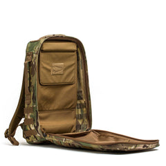 Rucker 5.0 shown open on a white background, displaying brown interior pockets and mesh compartment—perfect for rucking or daily use.