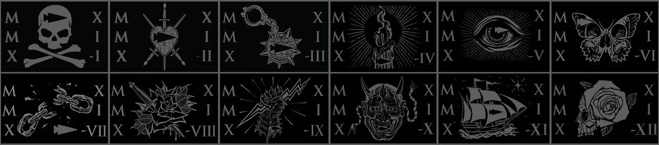 Fifteen illustrated tarot cards, each with a Roman numeral and unique dark-themed symbol, on a black background.