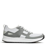 The Women's Rough Runner - White + Speed Grey athletic shoe from GORUCK features a sleek white and gray design with a textured sole for enhanced grip and a Gradient Density EVA Midsole for extra support. Complete with white shoelaces and adorned with a small arrow logo on the side, this shoe embodies a lightweight, modern aesthetic ideal for active endeavors.