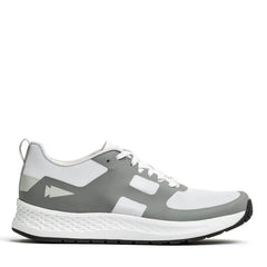 The Women's Rough Runner - White + Speed Grey athletic shoe from GORUCK features a sleek white and gray design with a textured sole for enhanced grip and a Gradient Density EVA Midsole for extra support. Complete with white shoelaces and adorned with a small arrow logo on the side, this shoe embodies a lightweight, modern aesthetic ideal for active endeavors.