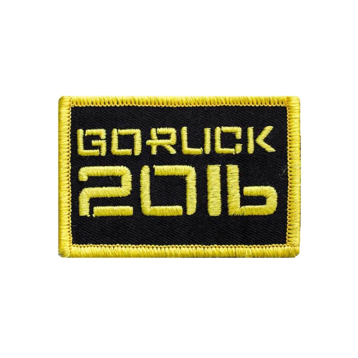 GORUCK 2016 embroidered patch with yellow border and text on black fabric