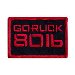 GORUCK embroidered patch with red border and bold red text on black background