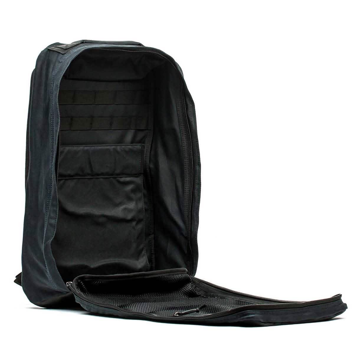 GORUCK black rucksack with open clamshell design, internal pockets and rugged build