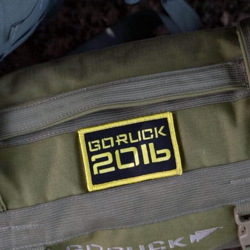 GORUCK 2016 embroidered weight patch on olive tactical backpack