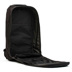 GORUCK black rucksack backpack open to show spacious interior and mesh zippered pocket