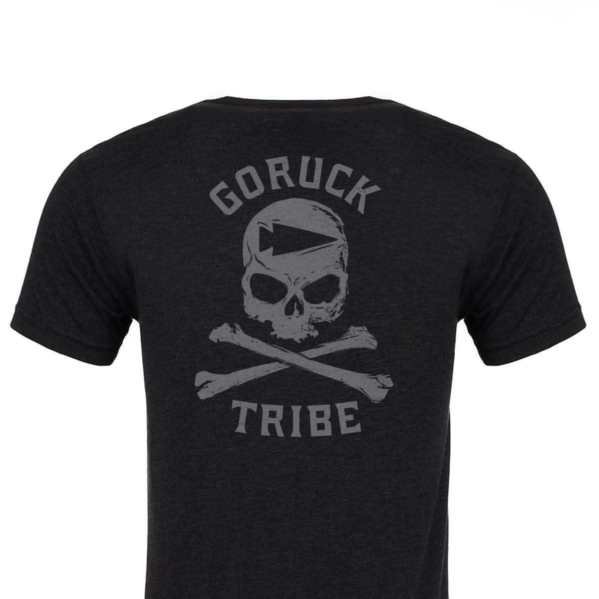 GORUCK Tribe tee black back view with skull and crossbones graphic and rucking gear branding