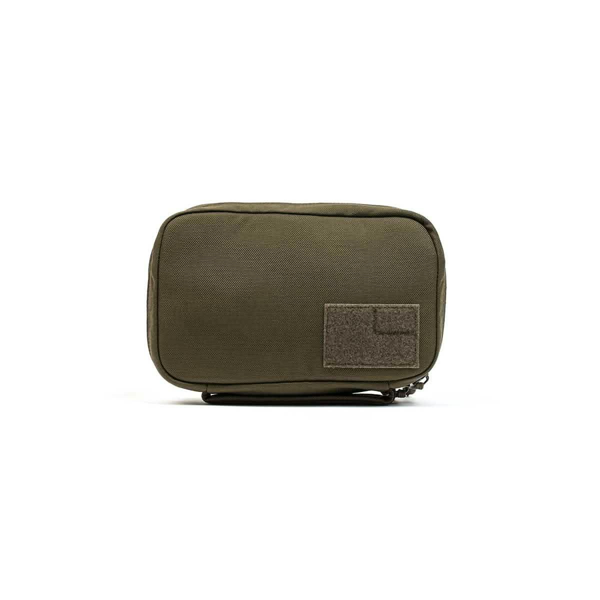 GORUCK olive green field pocket pouch with front Velcro patch on white background