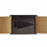 GORUCK coyote belt with black metal buckle and arrowhead logo detail