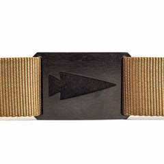 GORUCK coyote belt with black metal buckle and arrowhead logo detail