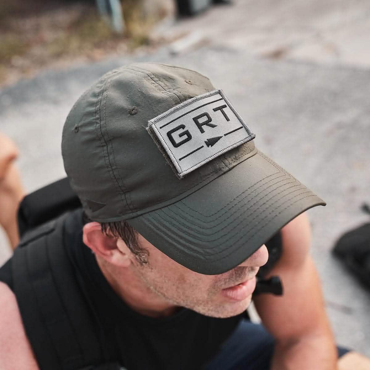 GORUCK performance tac hat with GRT patch worn outdoors by rucker