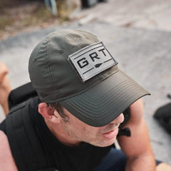 GORUCK performance tac hat with GRT patch worn outdoors by rucker