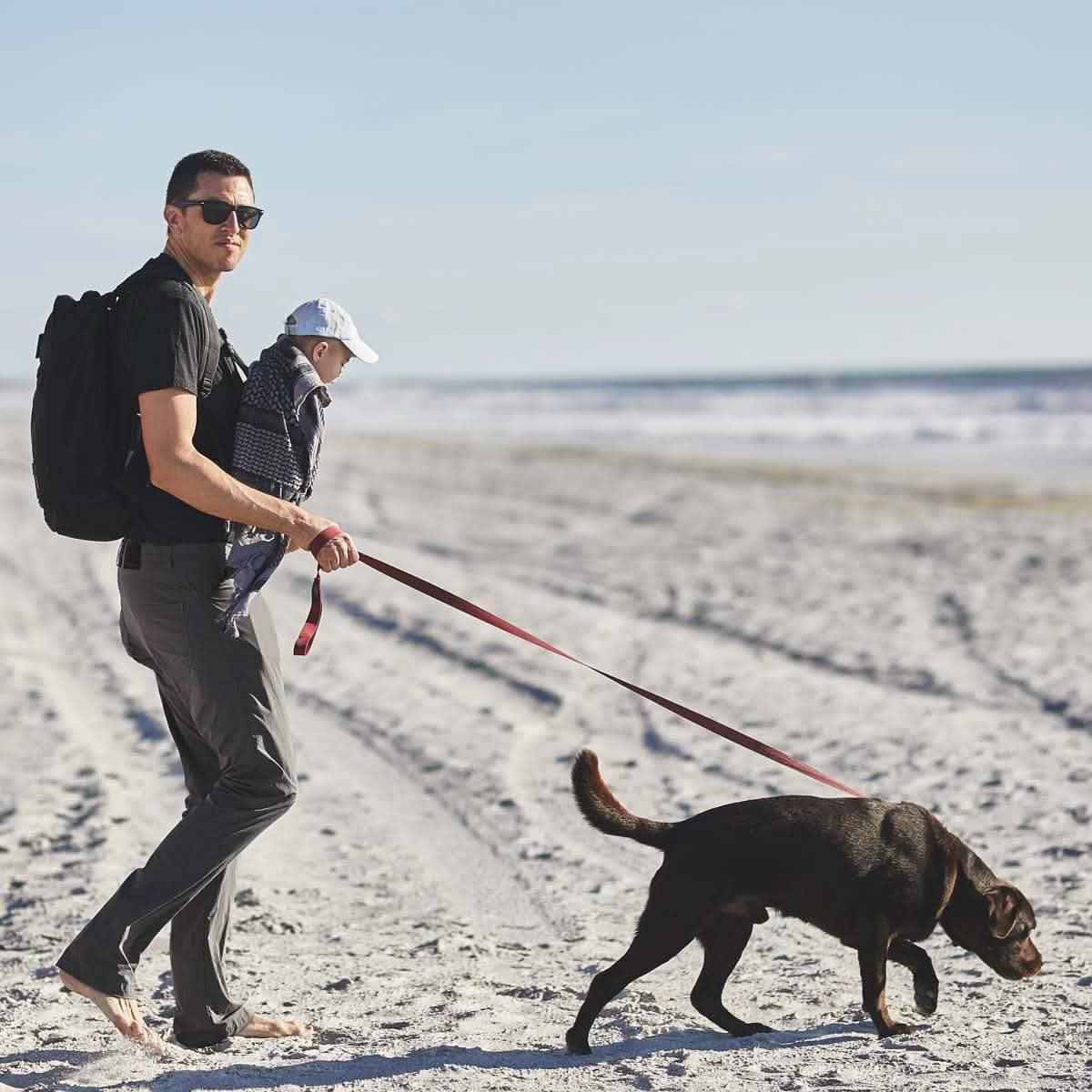 Man in charcoal pants with backpack carrying baby and walking dog on sandy beach