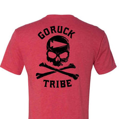 GORUCK Tribe red t-shirt with black skull and crossbones graphic on back